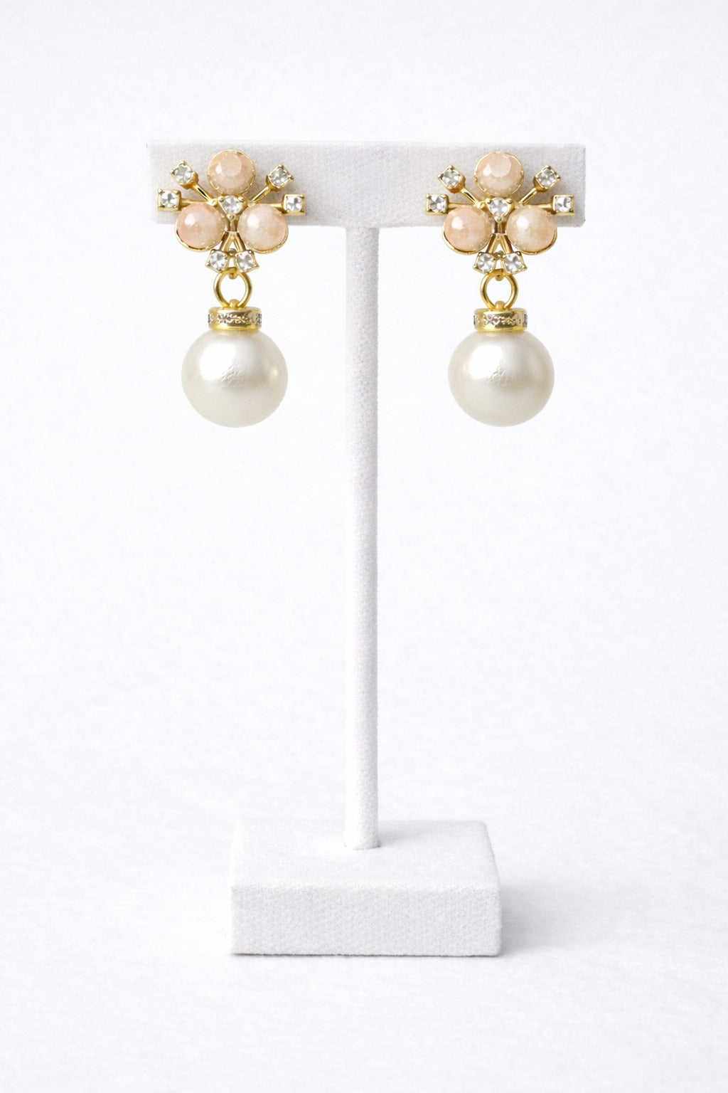 Elegant Peach Pearl Drop Earrings with Crystal Floral Stud