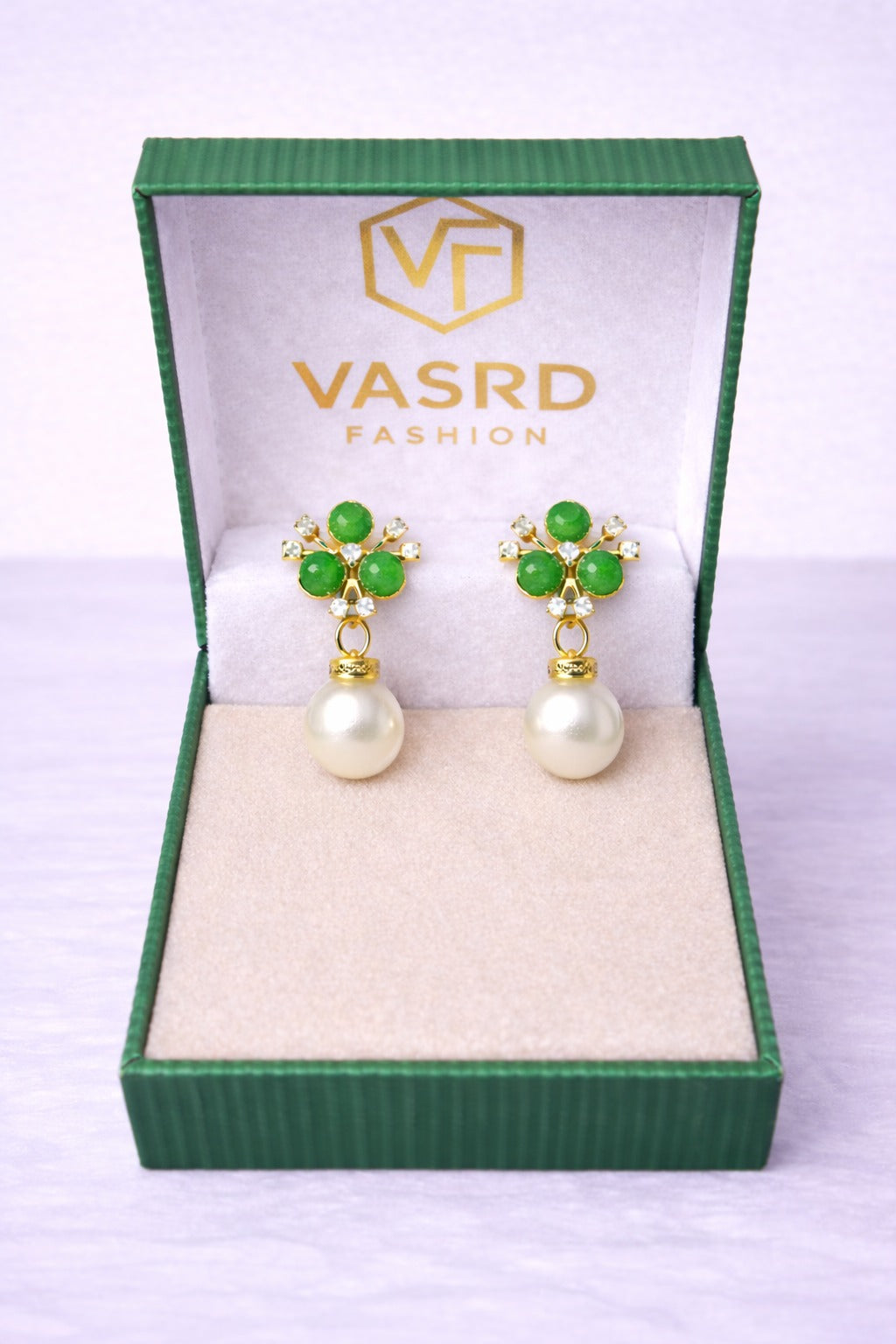 Elegant Green Pearl Drop Earrings with Crystal Floral Stud