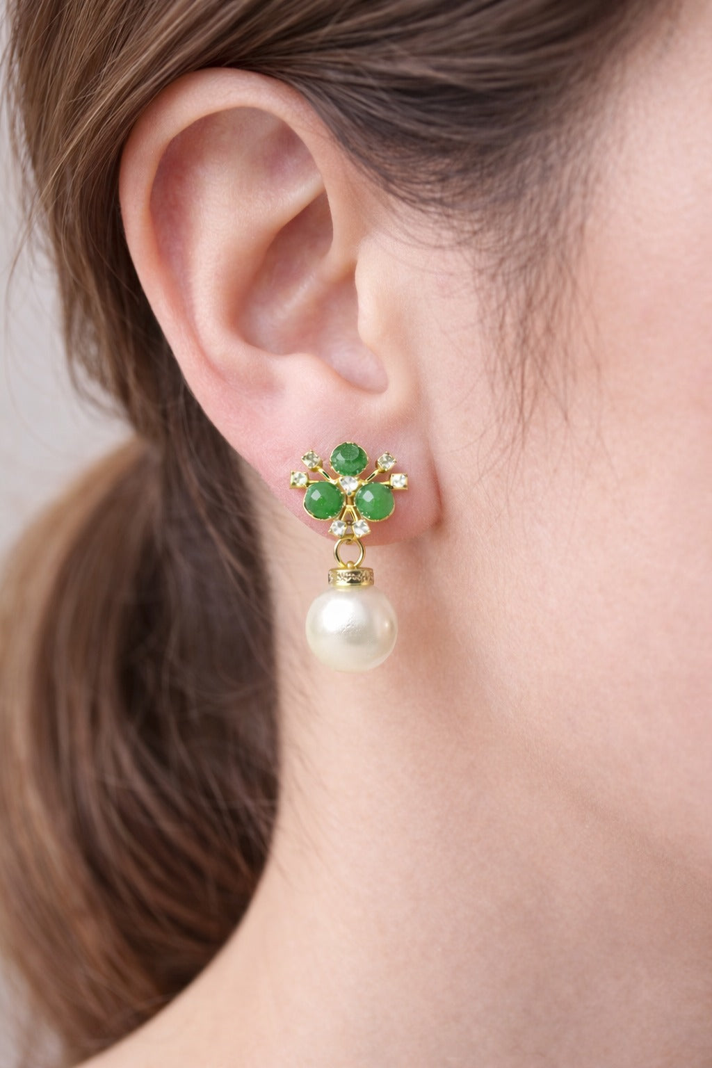 Elegant Green Pearl Drop Earrings with Crystal Floral Stud