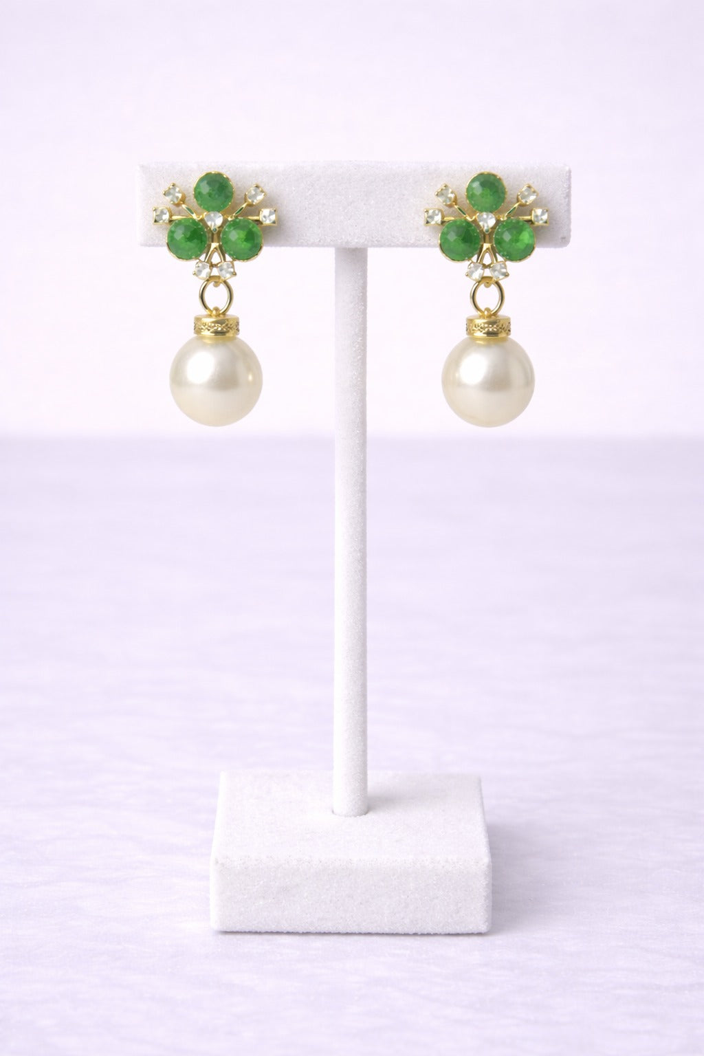 Elegant Green Pearl Drop Earrings with Crystal Floral Stud