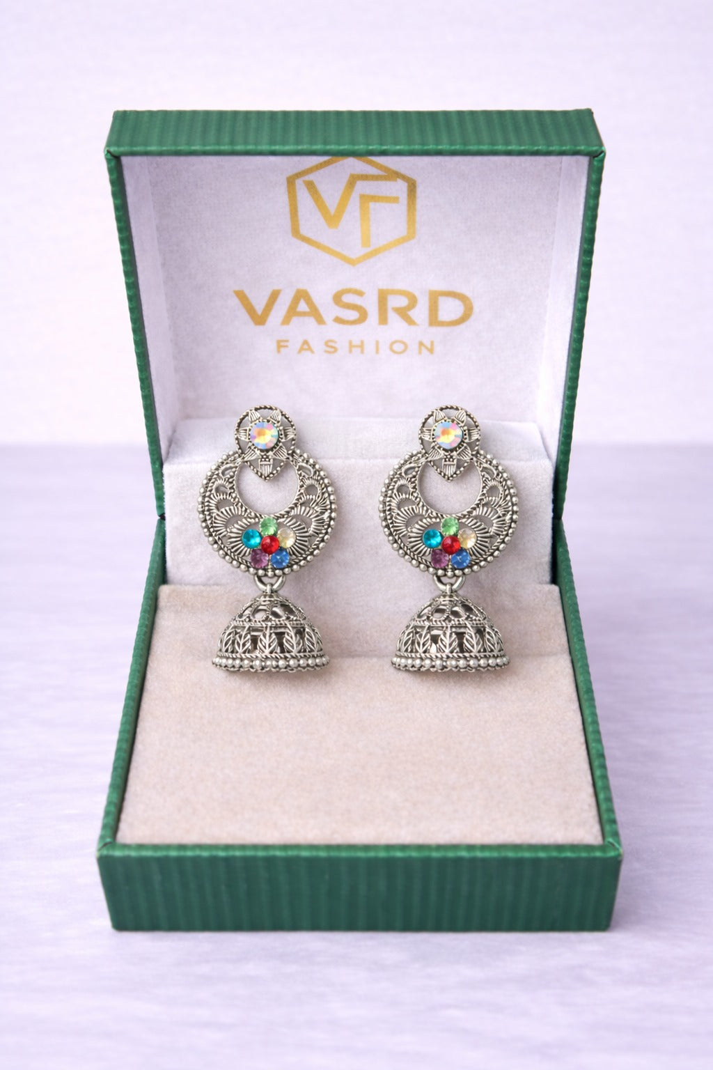 Traditional Oxidized Silver Multicolor Stone Jhumka Earrings