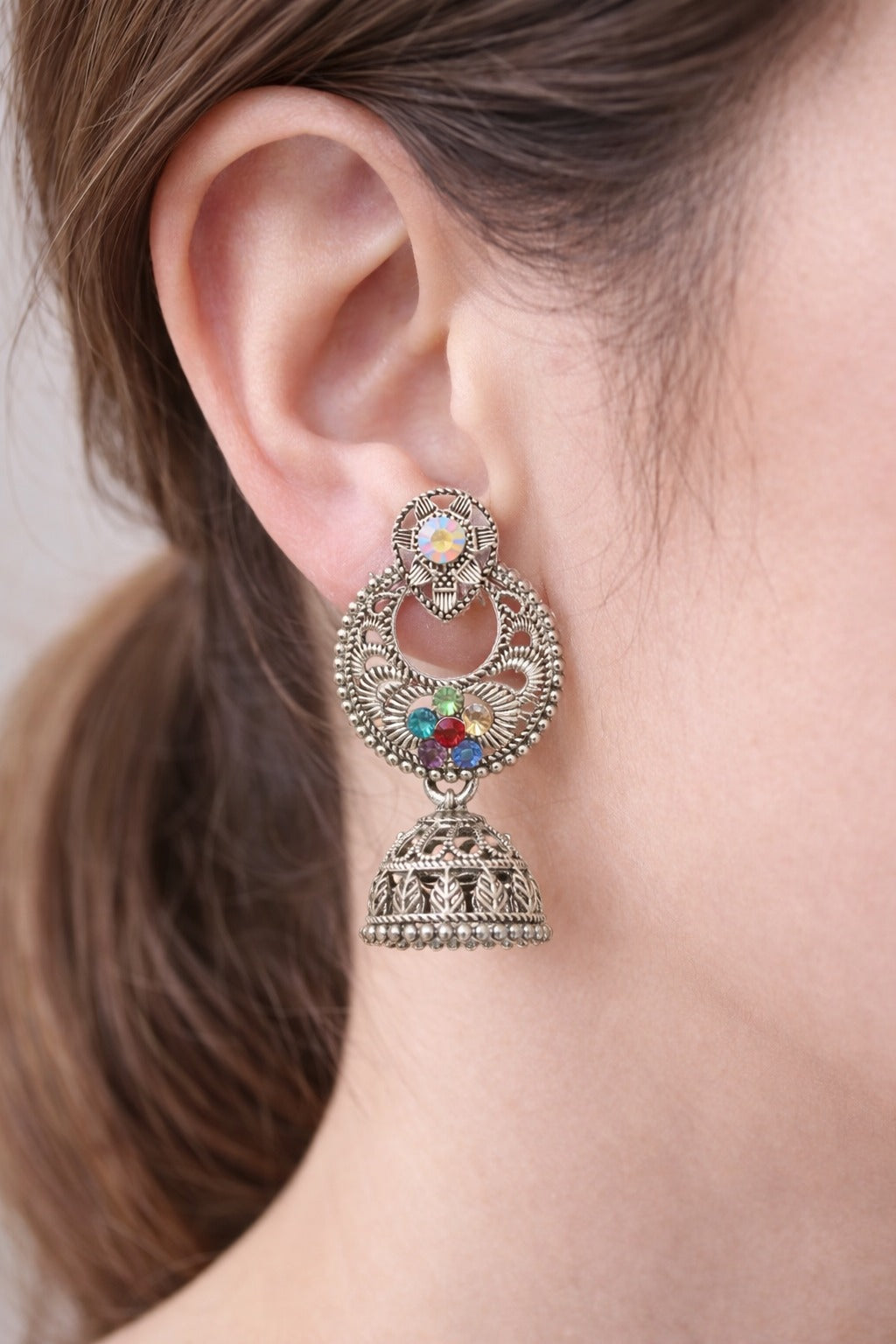 Traditional Oxidized Silver Multicolor Stone Jhumka Earrings
