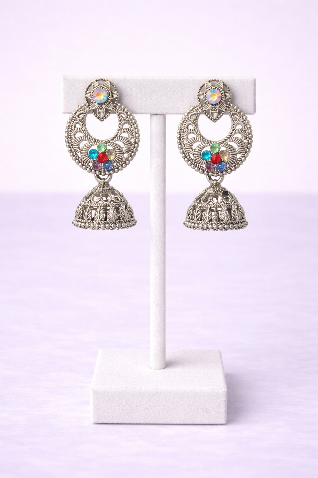 Traditional Oxidized Silver Multicolor Stone Jhumka Earrings
