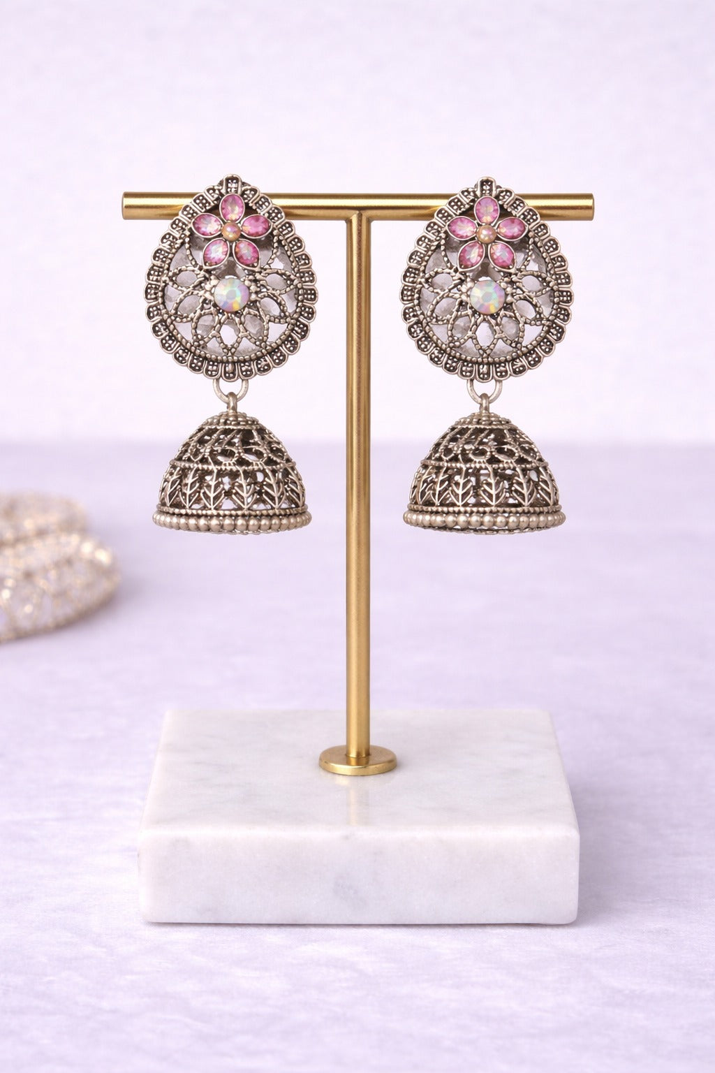 Oxidized Silver Floral Jhumka Earrings with Pink Stone & Crystal Accent