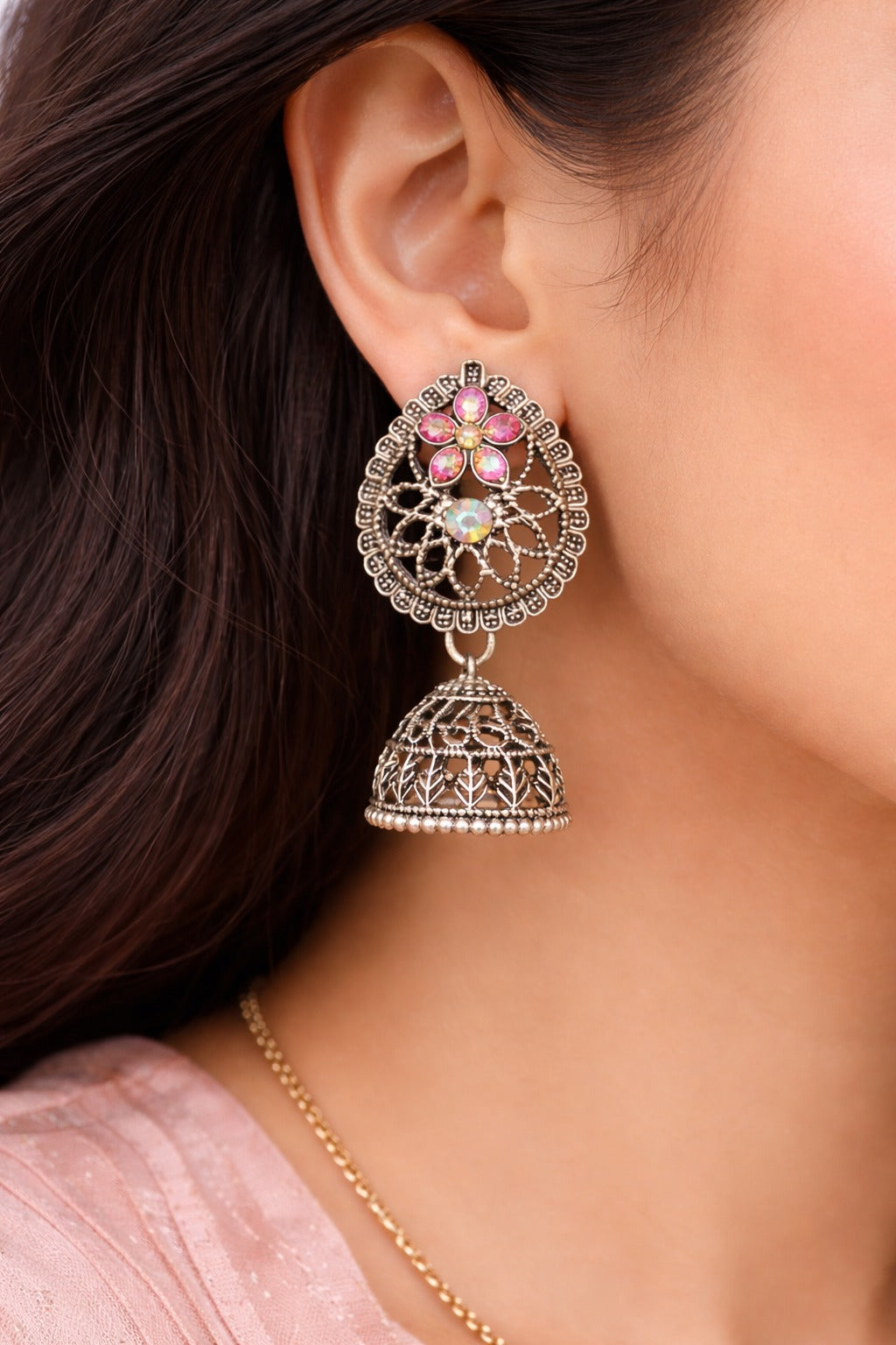 Oxidized Silver Floral Jhumka Earrings with Pink Stone & Crystal Accent