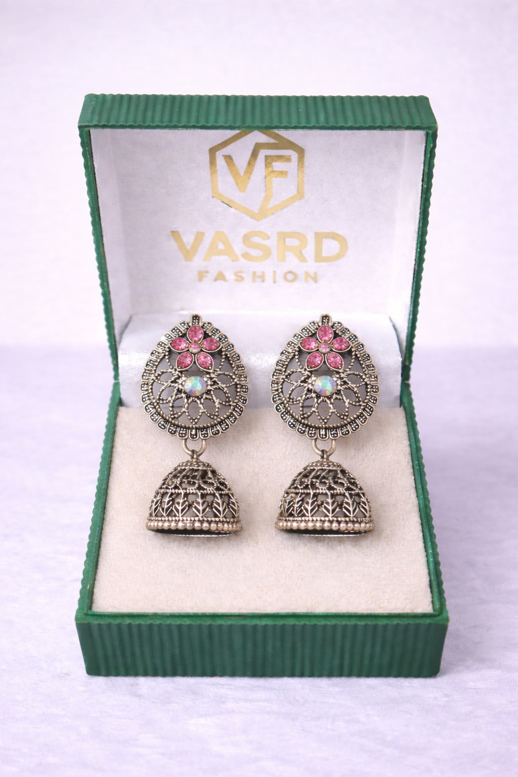 Oxidized Silver Floral Jhumka Earrings with Pink Stone & Crystal Accent