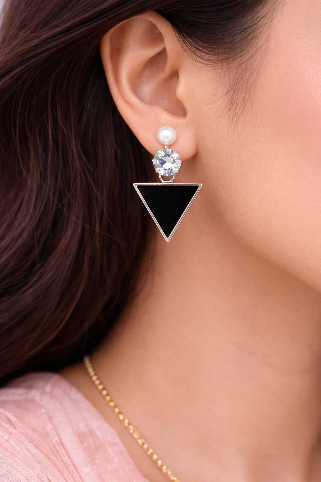 Modern Black Triangle Drop Earrings with Pearl Stud & Crystal Accent