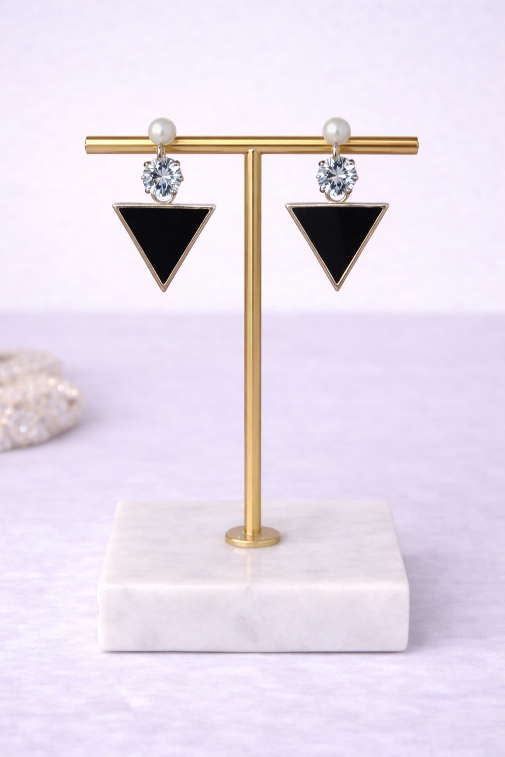 Modern Black Triangle Drop Earrings with Pearl Stud & Crystal Accent