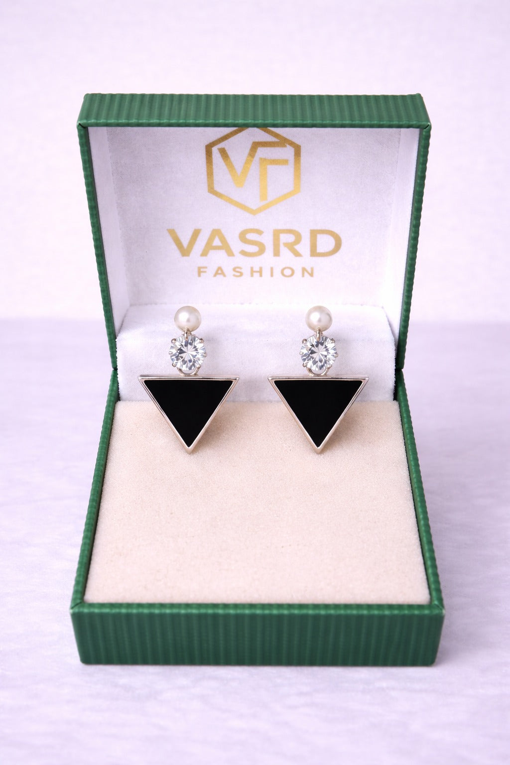 Modern Black Triangle Drop Earrings with Pearl Stud & Crystal Accent