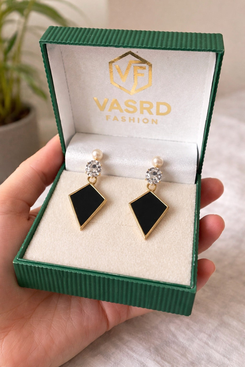Elegant Black Diamond Shape Drop Earrings with Pearl Stud & Crystal Accent
