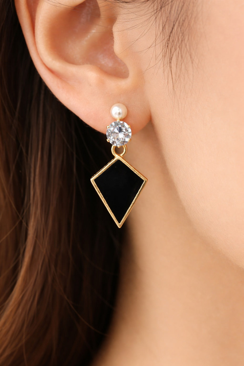 Elegant Black Diamond Shape Drop Earrings with Pearl Stud & Crystal Accent