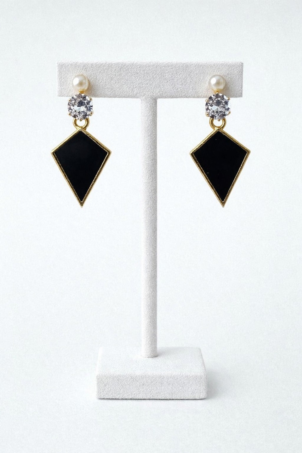 Elegant Black Diamond Shape Drop Earrings with Pearl Stud & Crystal Accent