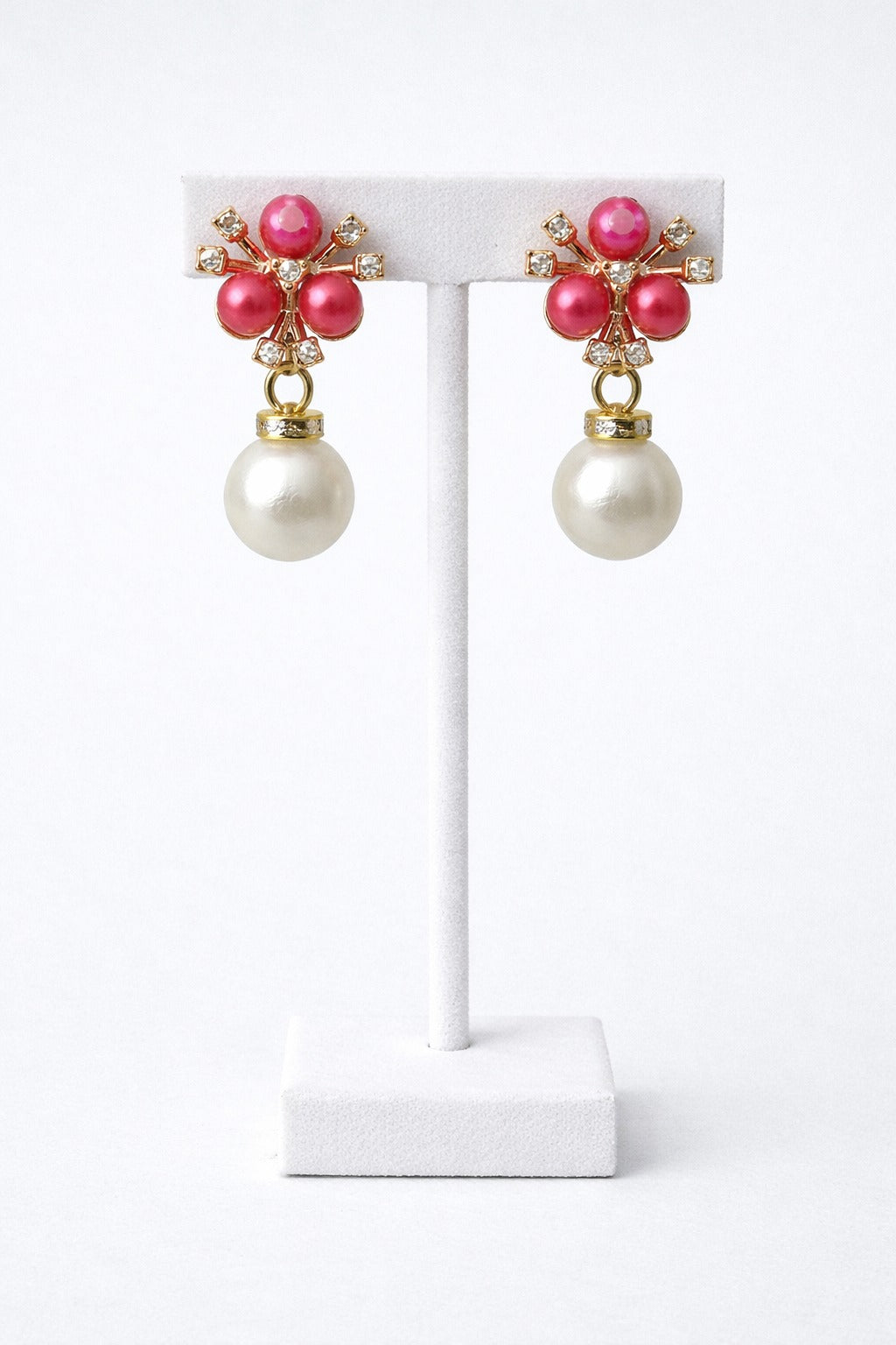 Elegant Pink Pearl Drop Earrings with Crystal Floral Stud