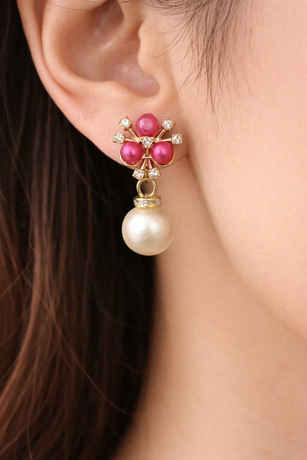 Elegant Pink Pearl Drop Earrings with Crystal Floral Stud