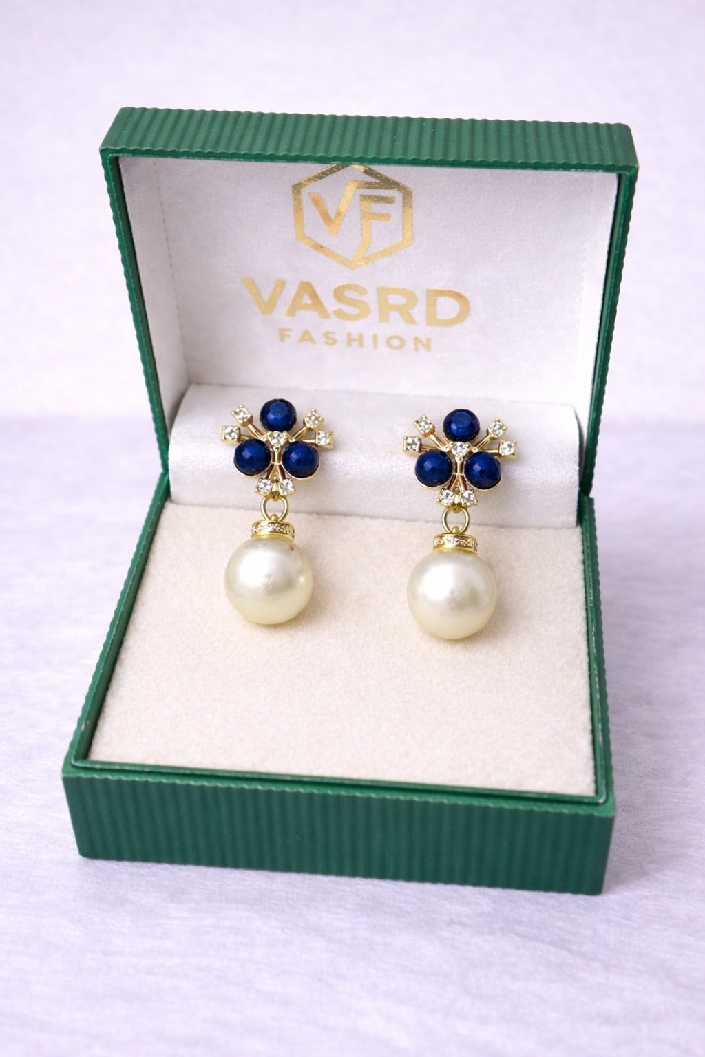 Designer Blue Pearl and Crystal Statement Earrings