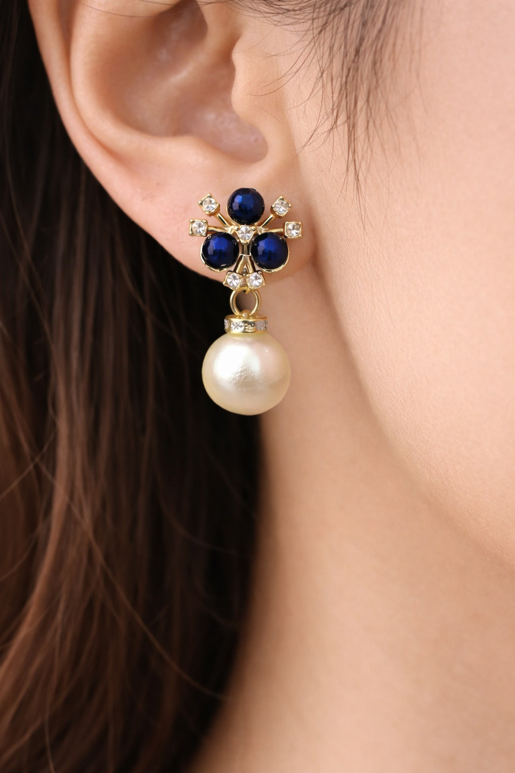 Designer Blue Pearl and Crystal Statement Earrings