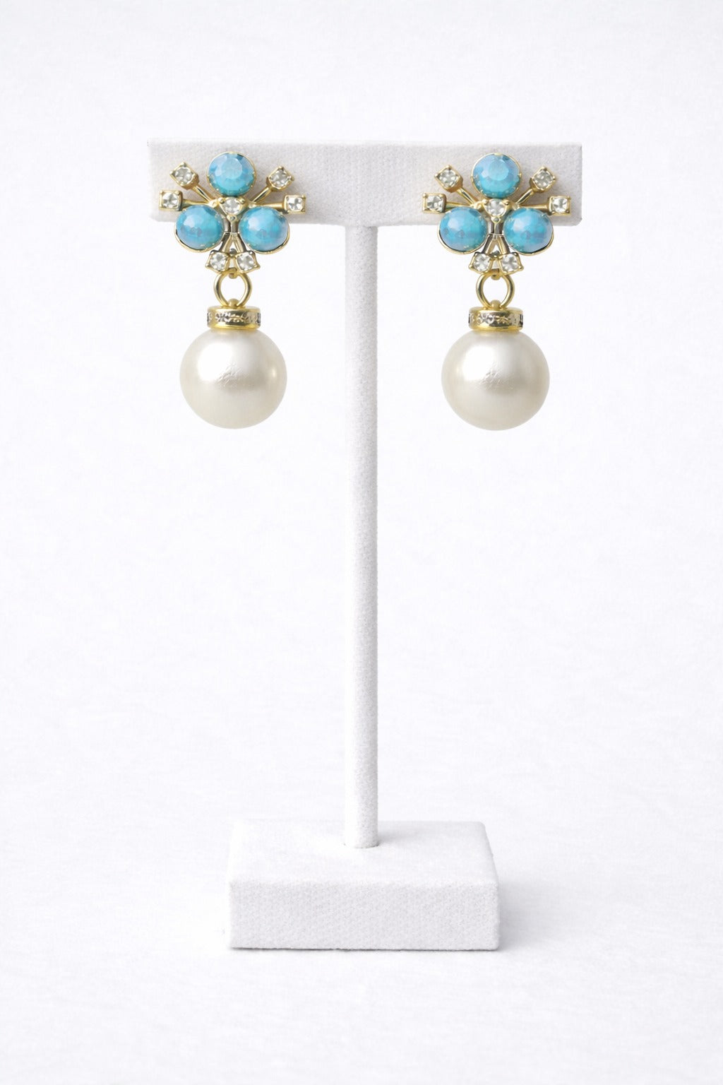 Elegant Sky Blue Pearl Drop Earrings with Crystal Floral Stud