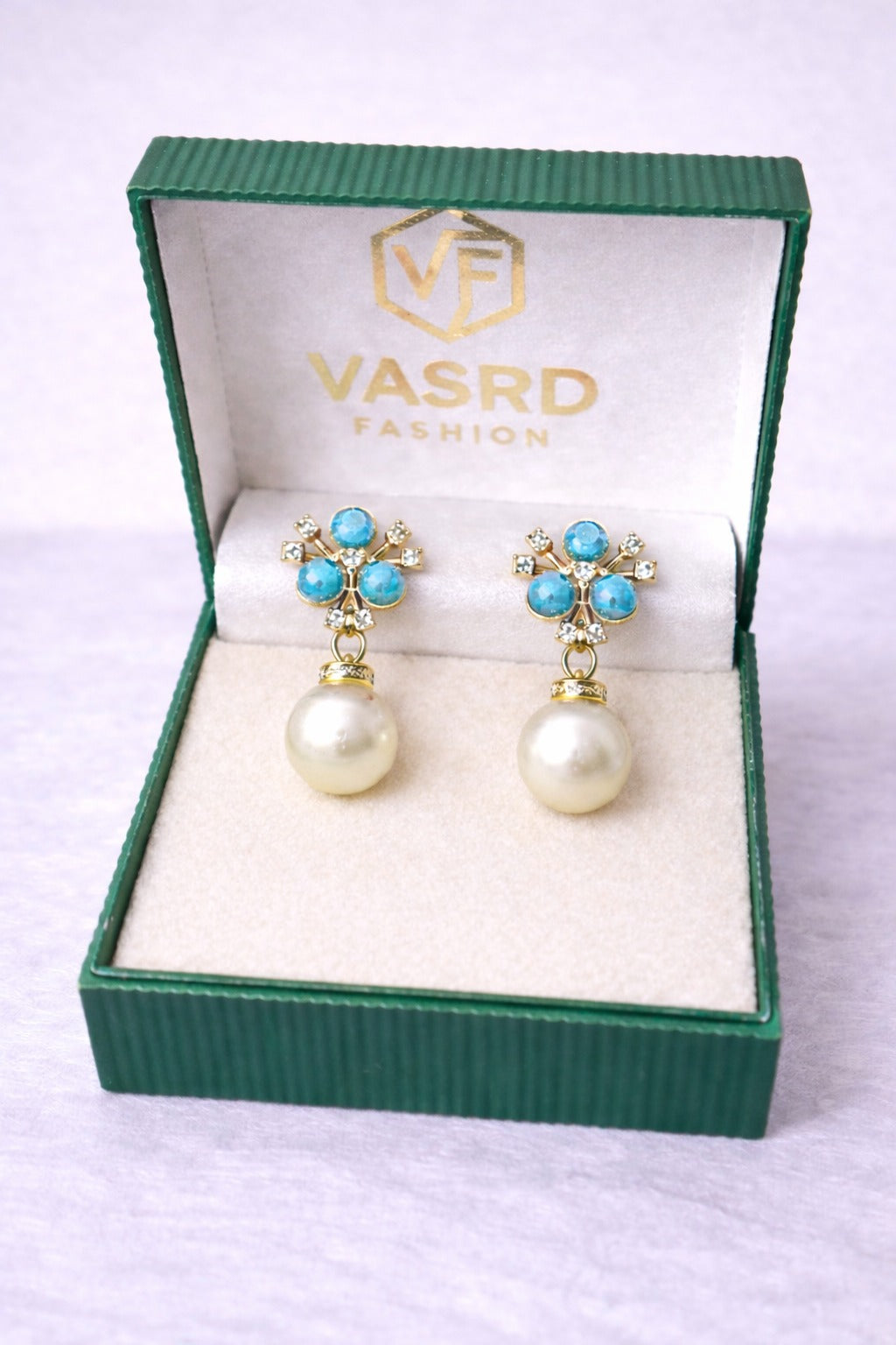 Elegant Sky Blue Pearl Drop Earrings with Crystal Floral Stud