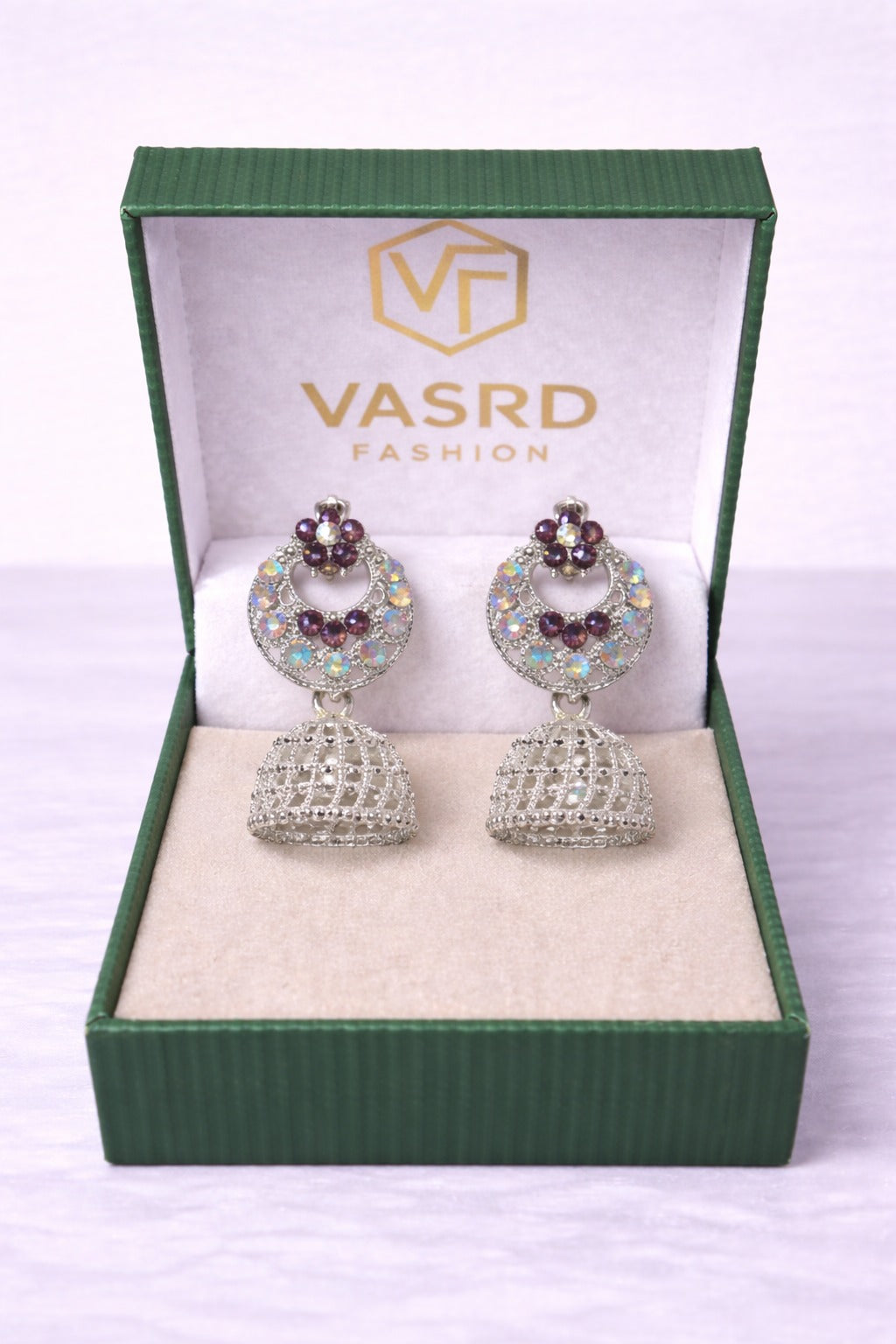 Silver Crystal Bloom Jhumka Earrings with Multicolor Stones