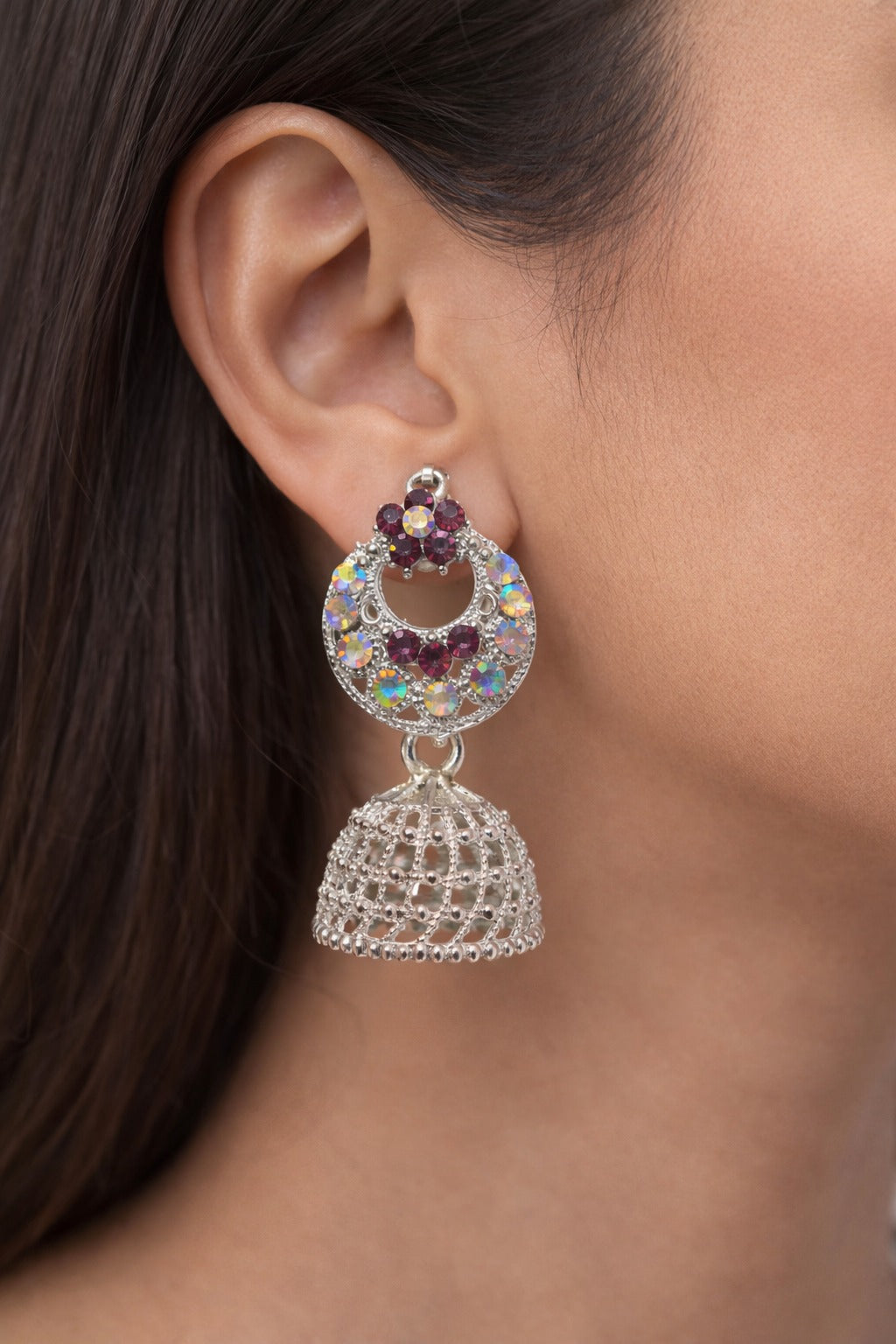 Silver Crystal Bloom Jhumka Earrings with Multicolor Stones