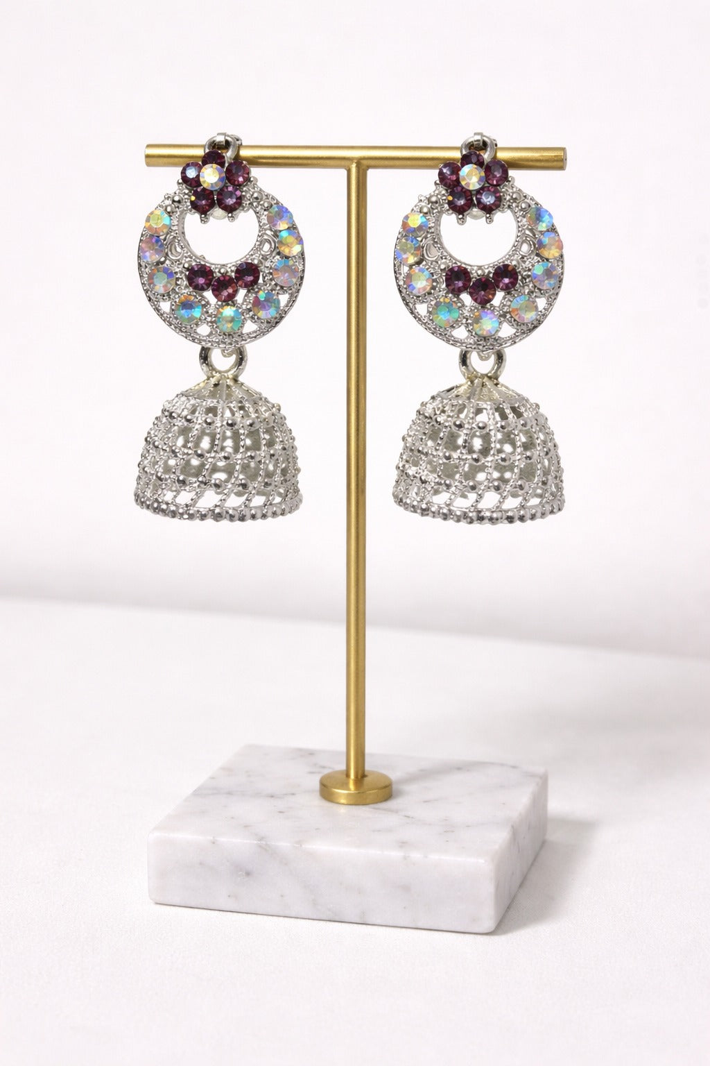 Silver Crystal Bloom Jhumka Earrings with Multicolor Stones