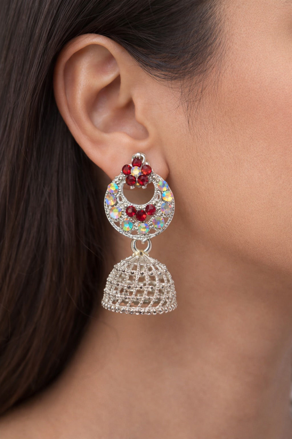 Silver Crystal Red Floral Jhumka Earrings