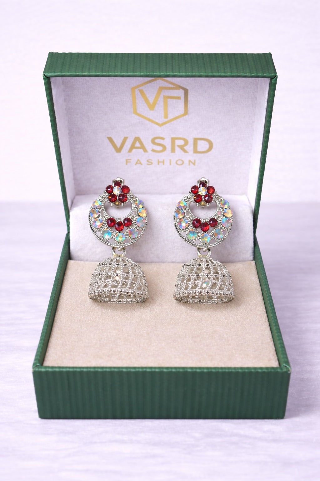 Silver Crystal Red Floral Jhumka Earrings