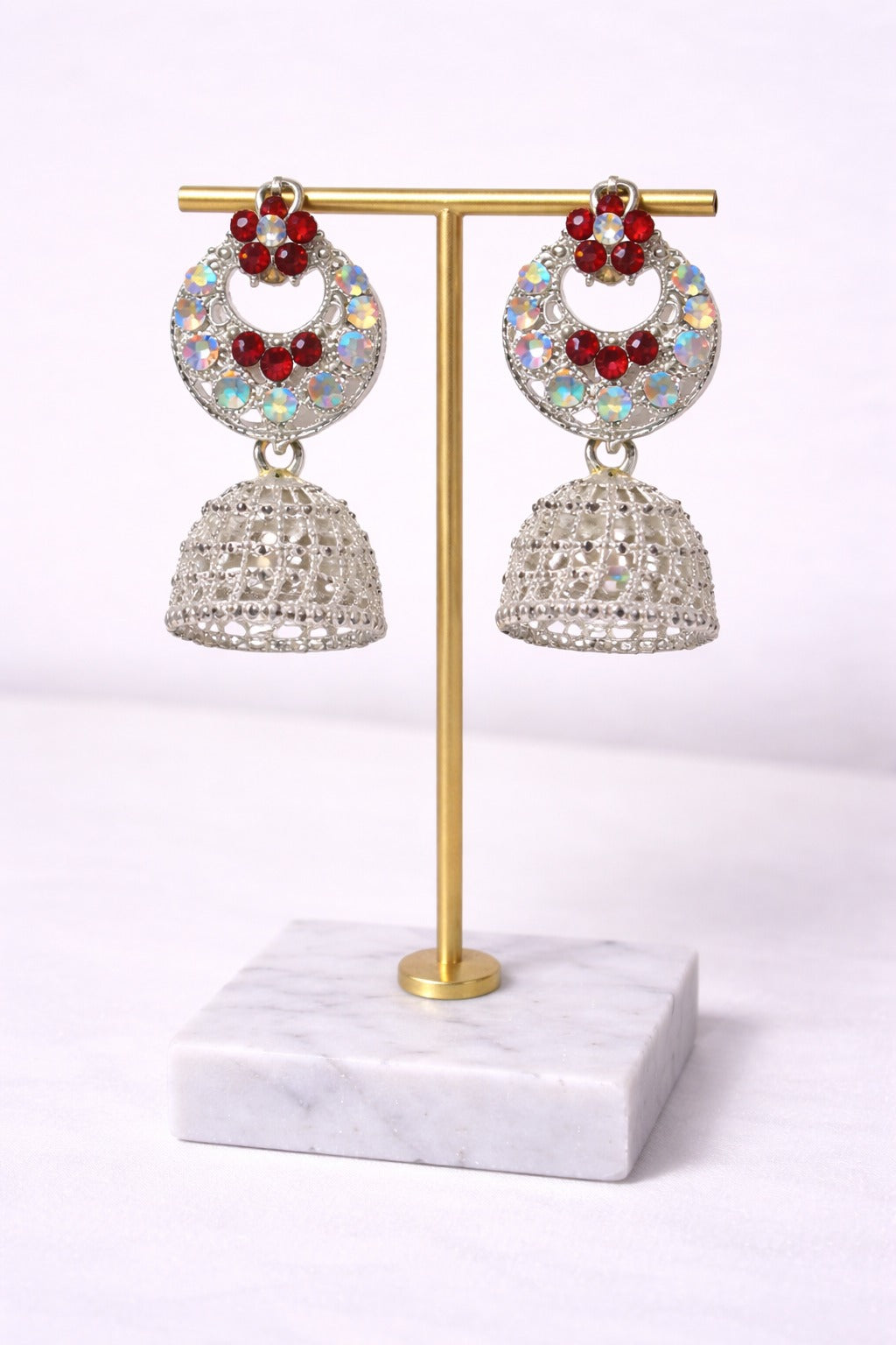 Silver Crystal Red Floral Jhumka Earrings