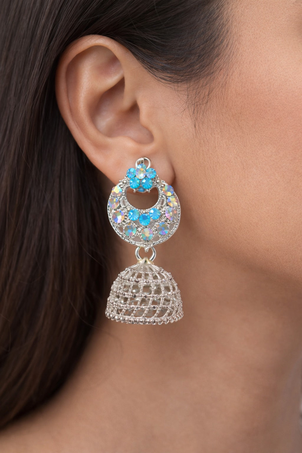 Silver Crystal Jhumka Earrings with Sky Blue Floral Stud