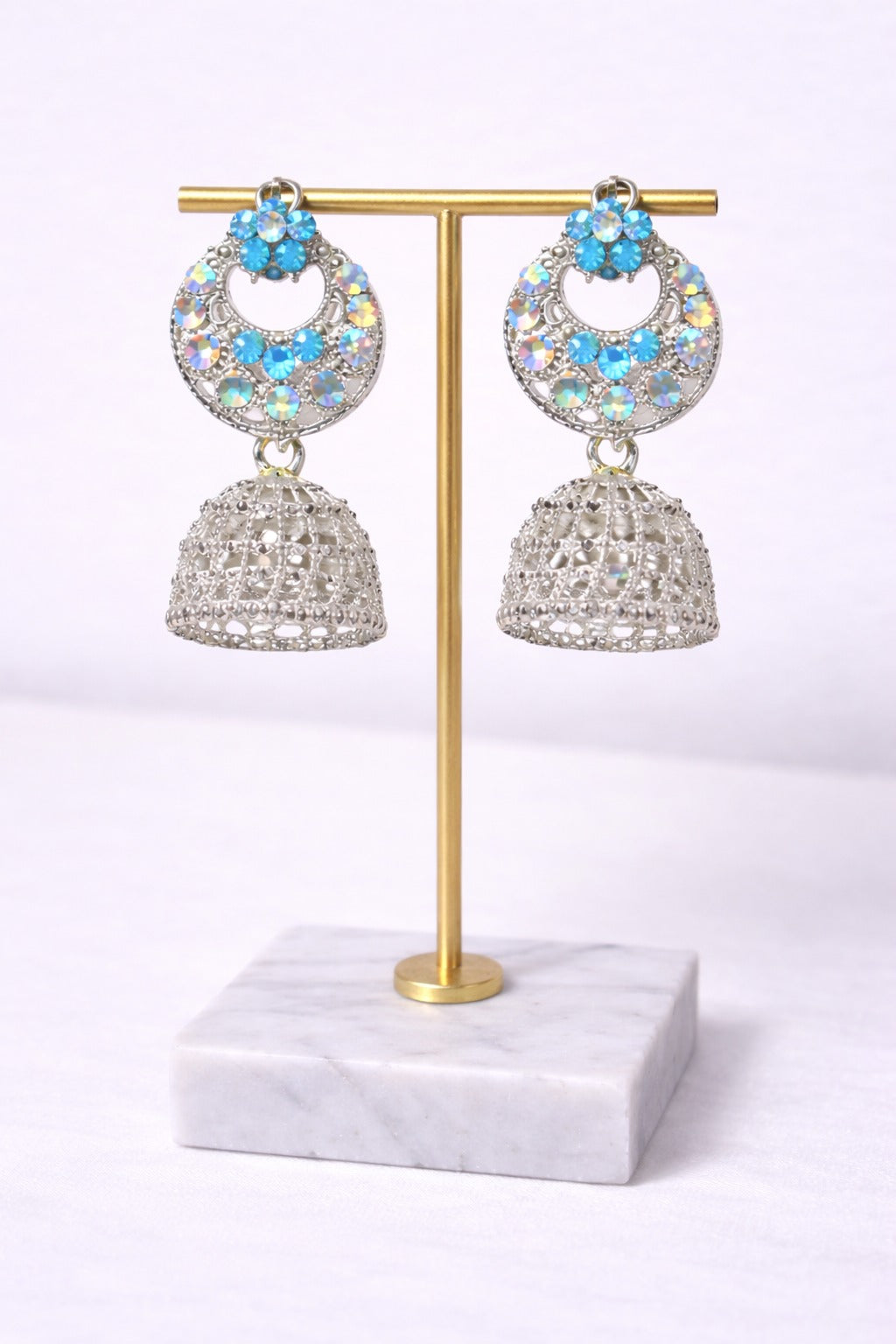 Silver Crystal Jhumka Earrings with Sky Blue Floral Stud