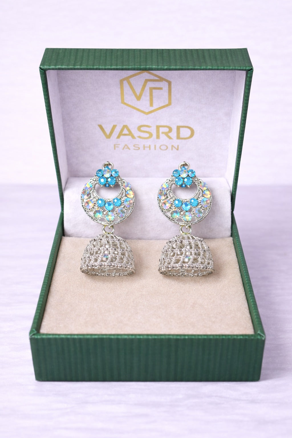 Silver Crystal Jhumka Earrings with Sky Blue Floral Stud