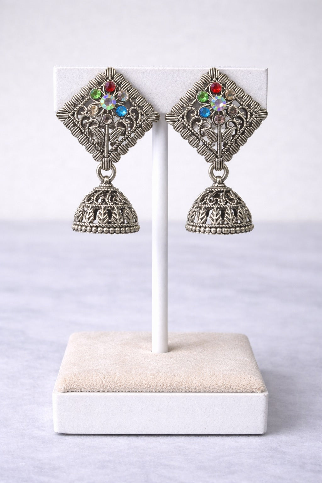 Multicolor Stone Oxidized Silver Jhumka Earrings with Traditional Filigree Design