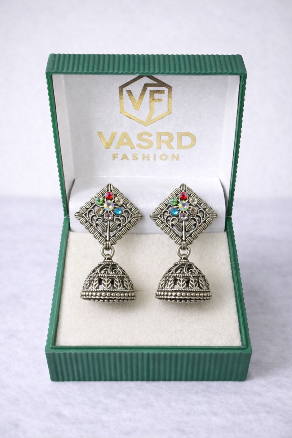 Multicolor Stone Oxidized Silver Jhumka Earrings with Traditional Filigree Design