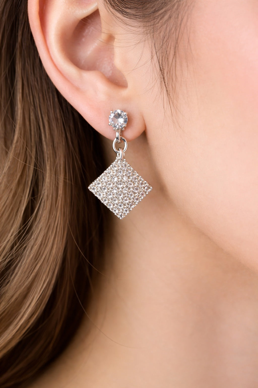Sparkling Silver Crystal Square Drop Earrings