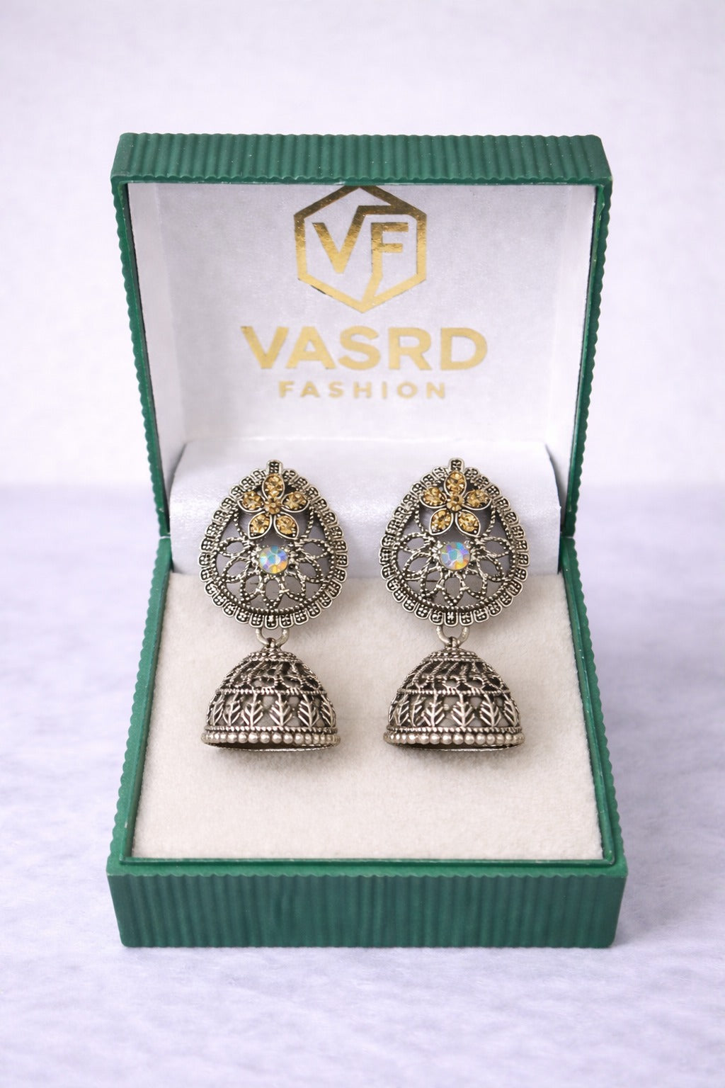 Oxidized Silver Floral Stone Jhumka Earrings with Antique Filigree Design