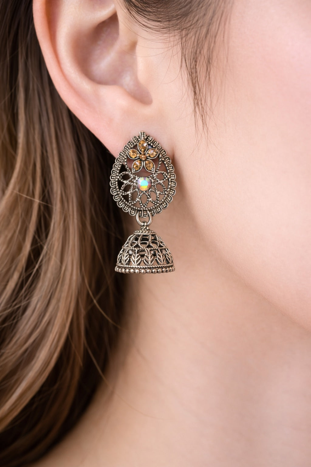 Oxidized Silver Floral Stone Jhumka Earrings with Antique Filigree Design