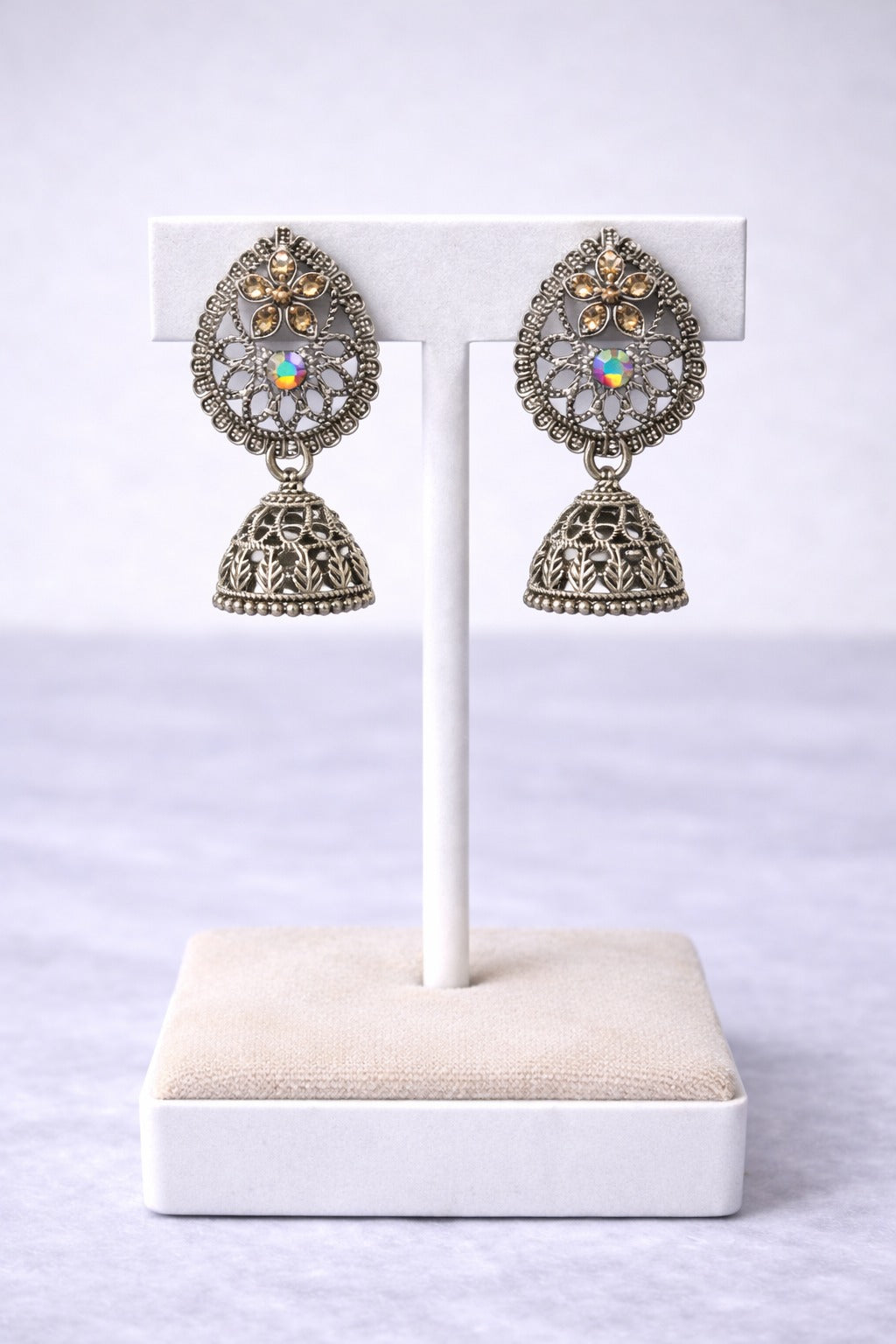 Oxidized Silver Floral Stone Jhumka Earrings with Antique Filigree Design