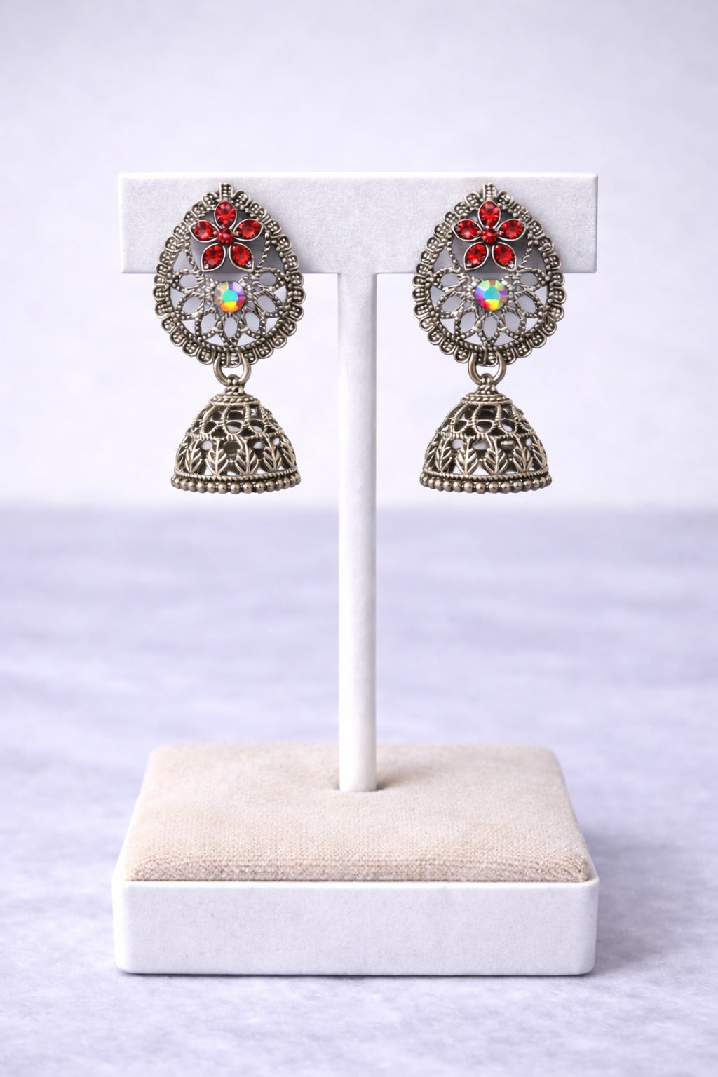 Traditional Oxidized Silver Floral Jhumka Earrings with Red Stones