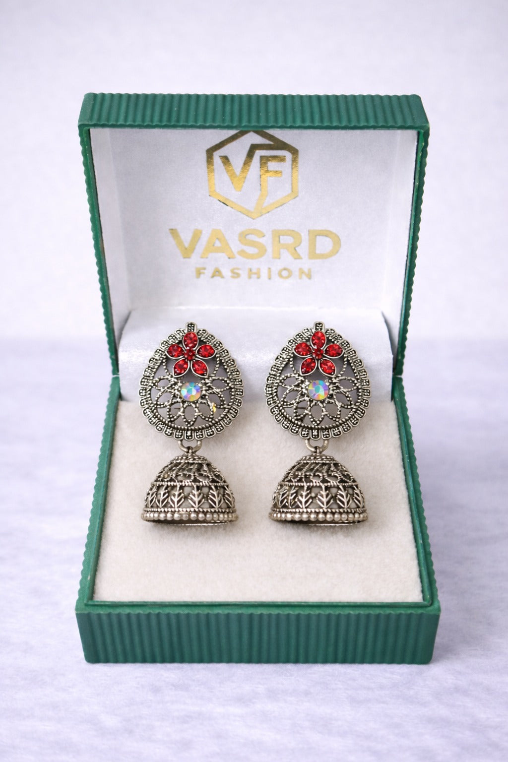 Traditional Oxidized Silver Floral Jhumka Earrings with Red Stones