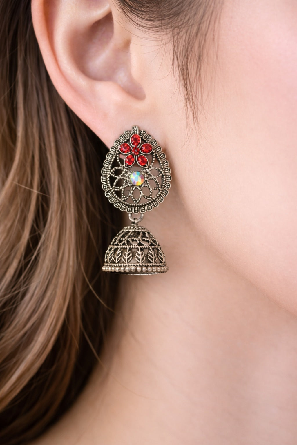 Traditional Oxidized Silver Floral Jhumka Earrings with Red Stones