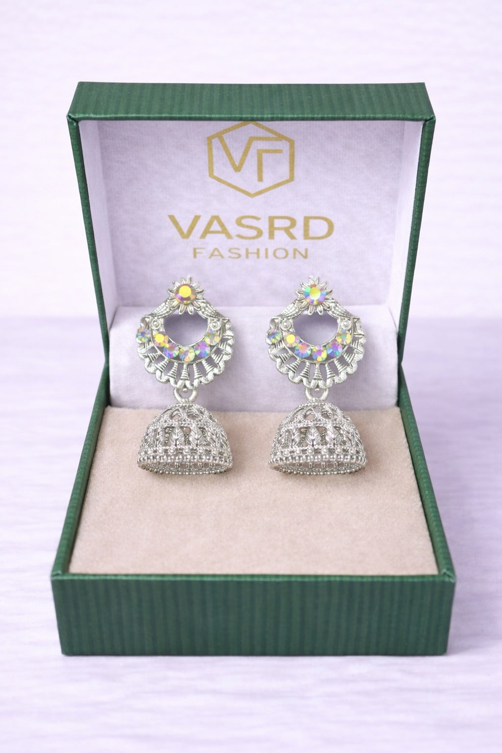 Silver Crystal Sunburst Jhumka Earrings