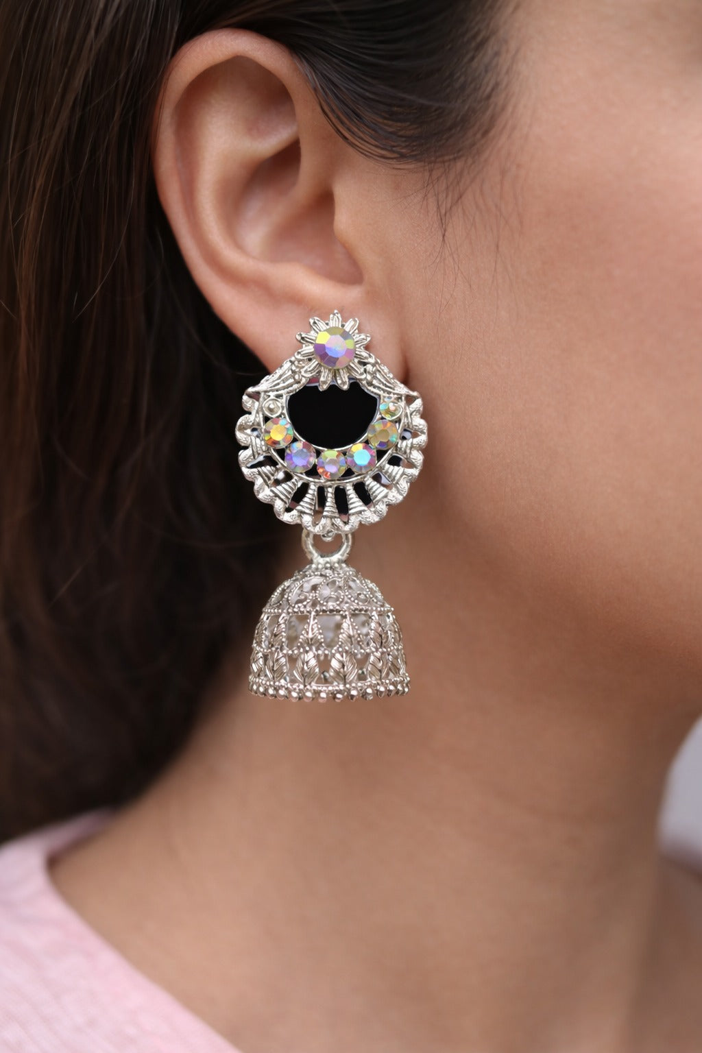 Silver Crystal Sunburst Jhumka Earrings