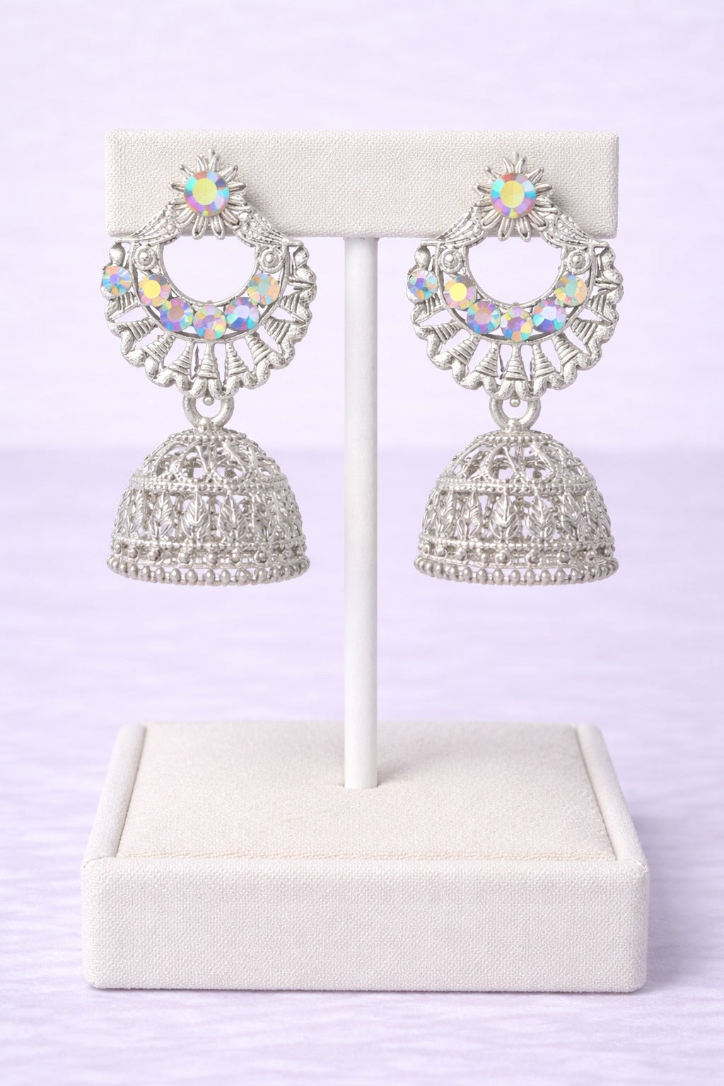 Silver Crystal Sunburst Jhumka Earrings