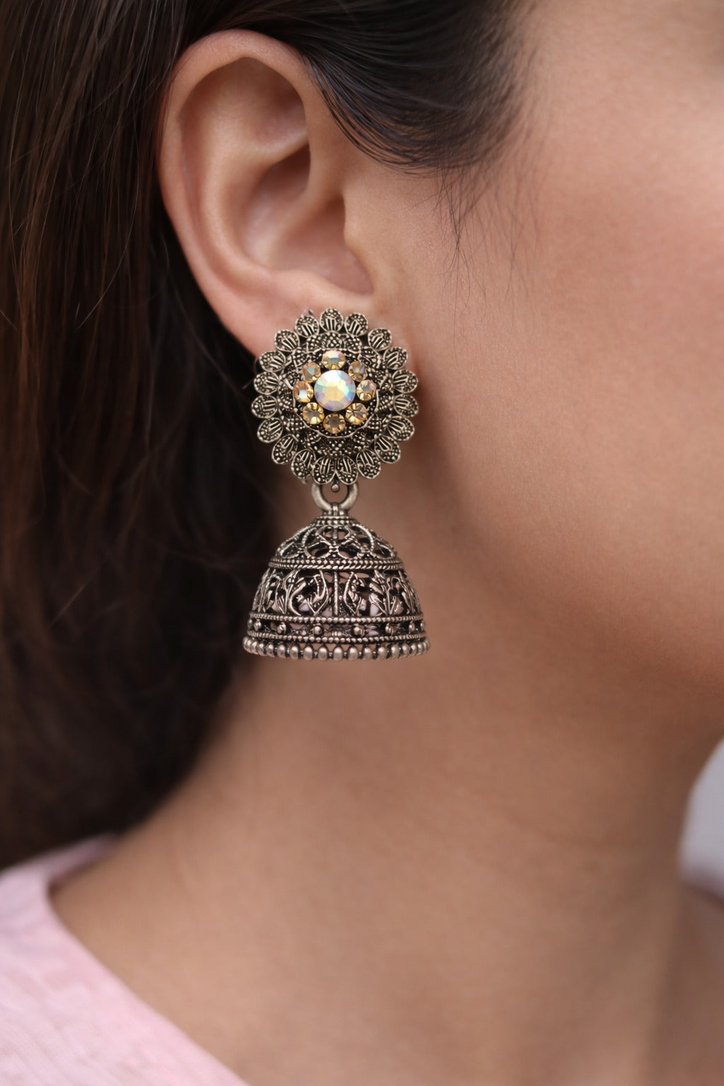 Oxidised Silver Floral Jhumka Earrings with Crystal Center