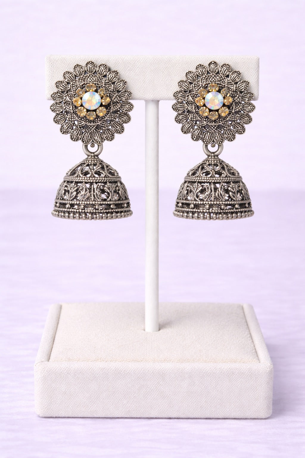 Oxidised Silver Floral Jhumka Earrings with Crystal Center
