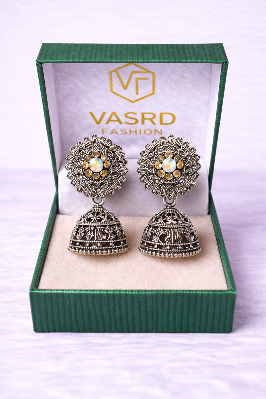 Oxidised Silver Floral Jhumka Earrings with Crystal Center