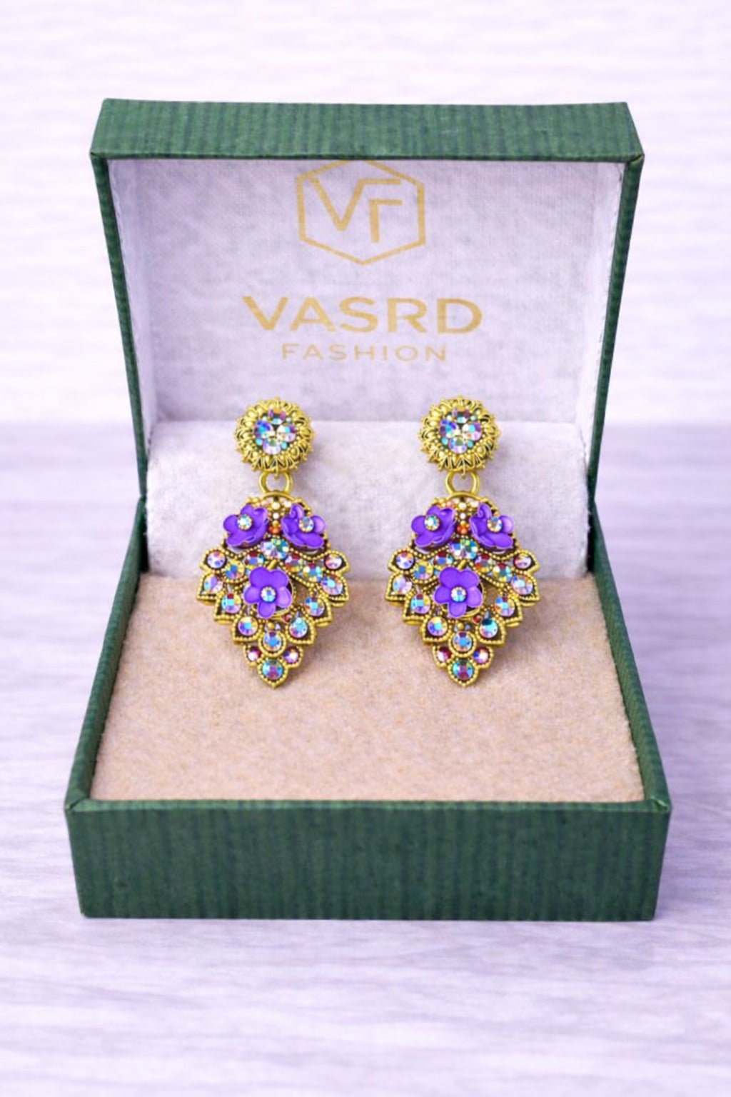 Royal Violet Floral Crystal Drop Earrings in Gold Tone
