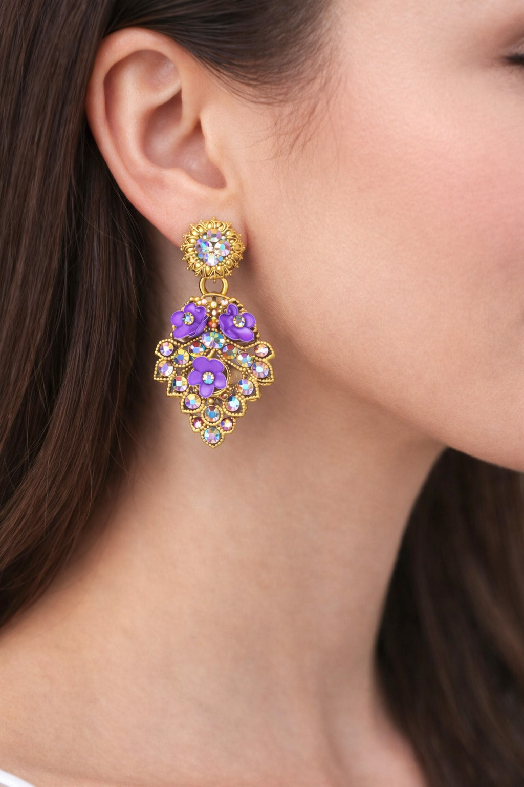 Royal Violet Floral Crystal Drop Earrings in Gold Tone