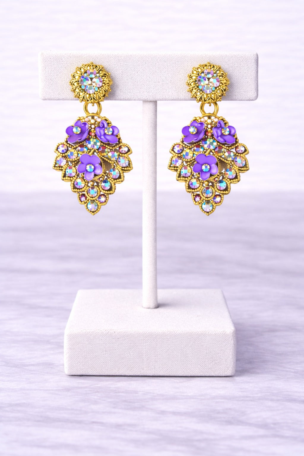Royal Violet Floral Crystal Drop Earrings in Gold Tone