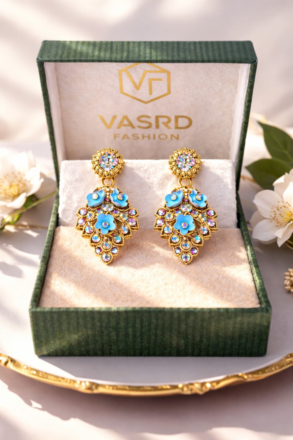 Sky Blue Floral Crystal Statement Drop Earrings in Gold Tone
